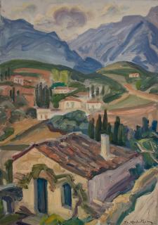 Davlia, View Toward the Mountains — Oil painting, Canvas, 46.00×65.00cm — Theodoros Markellos